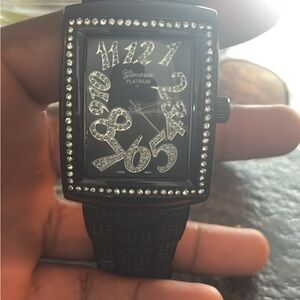 Geneva Platinum Black Watch with Crystal Accents